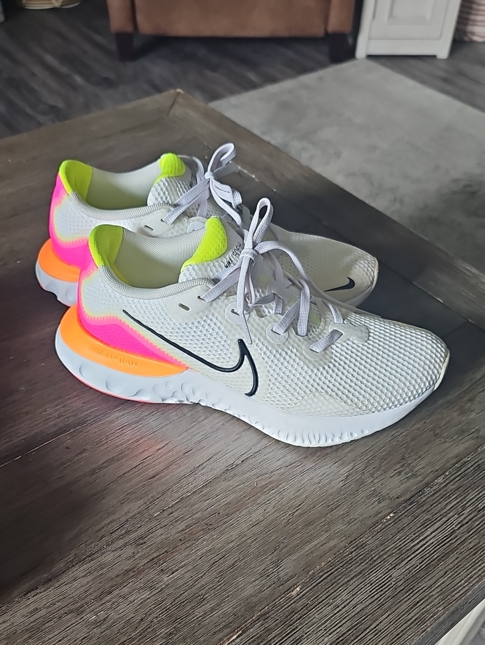 Nike Women’s White Athletic Shoes with Neon Pink & Neon Yellow Accents- Size 7